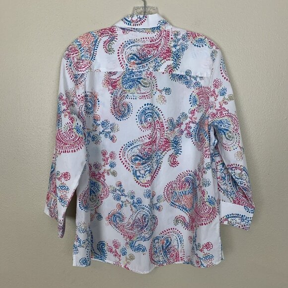 Foxcroft Womens Blouse 16 3/4 Sleeve Button Up Paisley Ivory Shirt Wrinkle Free - Picture 3 of 15